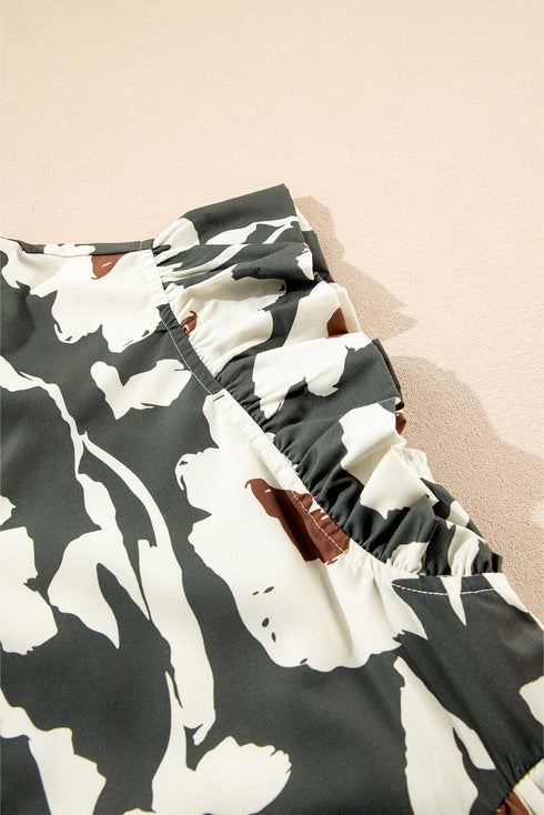 Bohemian Floral Print Flutter Sleeve Button Detail Ruffled Hem Mini Dress